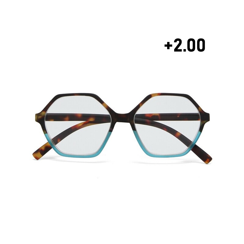 Occhiale da lettura con montatura squadrata di colore havana blu, lenti da lettura +2.00 diottrie con filtro luce blu